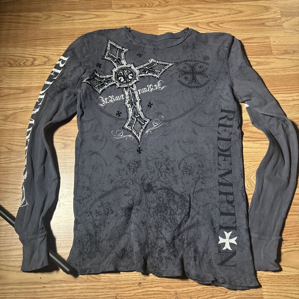 Raw State Shirt Mens Small Gray Cross Angel Wings Graphic Long Sleeve Gothic